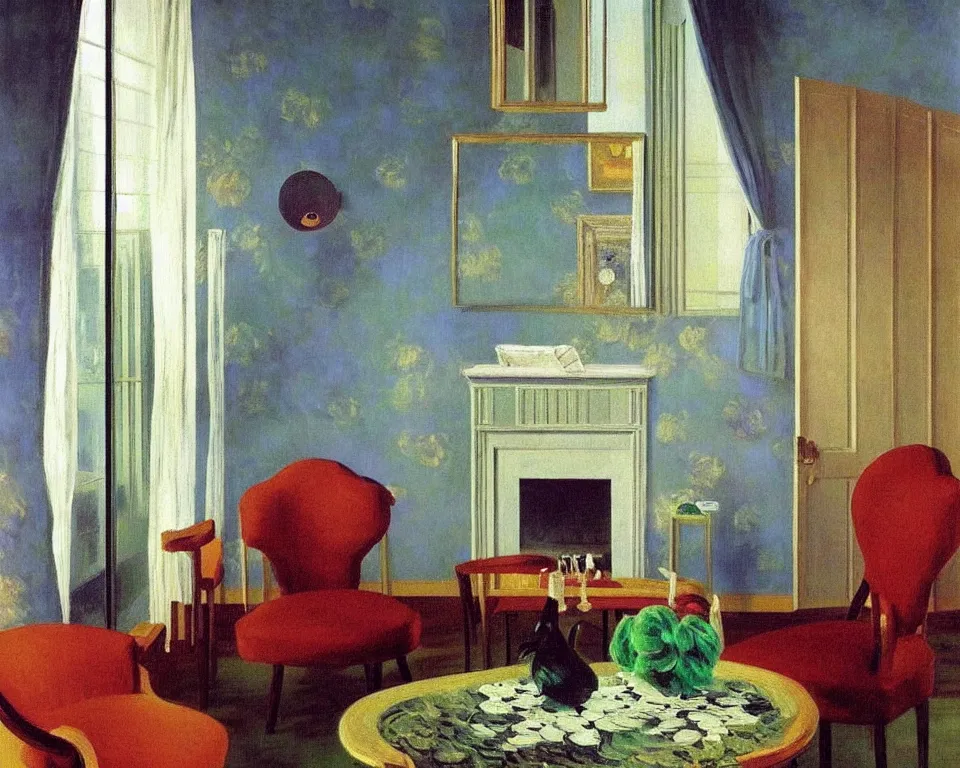 Image similar to achingly beautiful painting of a sophisticated, well - decorated, modern parlor by rene magritte, monet, and turner. whimsical.