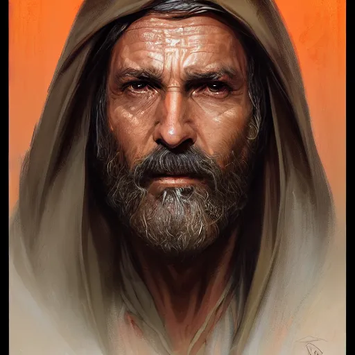 Image similar to portrait of a man by Greg Rutkowski, an old Jedi, arabian features, and olive skin, long black hair and beard, wise appearance, orange robes, Star Wars Expanded Universe, he is about 60 years old, highly detailed portrait, digital painting, artstation, concept art, smooth, sharp foccus ilustration, Artstation HQ