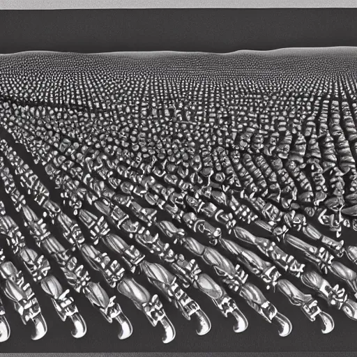 Prompt: painting of army of army of metallic robots in desert, by mc escher