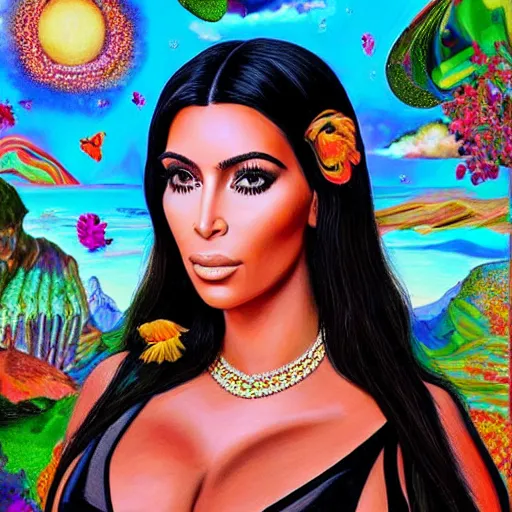 Prompt: amazing beautiful surreal psychedelic hyperdetailed portrait painting of a kim kardashian surrounded by wonderful things. hq. 8 k. trending on artstation