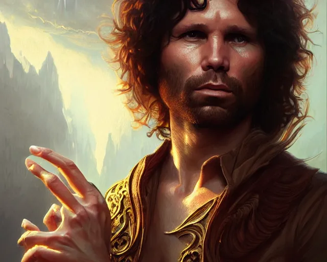 Image similar to jim morrison, 8 k, deep focus, d & d, fantasy, intricate, elegant, highly detailed, digital painting, artstation, concept art, matte, sharp focus, illustration, hearthstone, art by artgerm and greg rutkowski and alphonse mucha