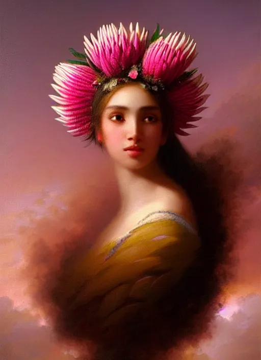 Image similar to stunning mexican godess, detailed pink and white protea head peace against a black backdrop by ivan aivazovsky, wlop, oil painting, beautiful soft lighting, muted colours, artstation