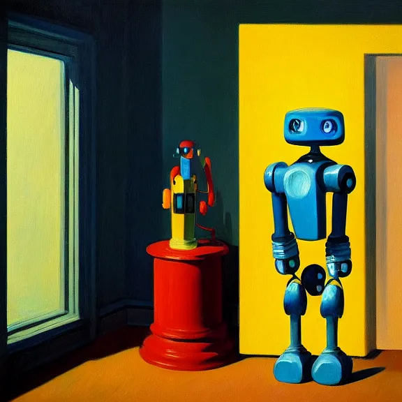 Image similar to beautiful illustration of a robot painting an artwork on a canvas with a paintbrush by Edward Hopper, clean lines, very detailed, colorful octane render