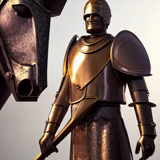 Image similar to bronze age colonel armstrong as achilles in the trojan war, large bronze plate armor with a long silver spear, concept art, trojan horse in the background, portrait, artstation, volumetric lighting, exquisite detail, octane render, 8 k postprocessing