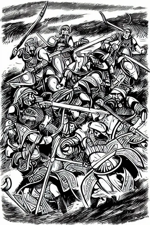 Image similar to “Poster of Viking horsemen in a battle. There is also Mini Cooper Countryman Hybrid. Retro cartoon caricature.”