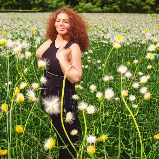 Image similar to a portrait of a beautiful 3 5 year old racially ambiguous woman, german, mexican, curly blond hair, standing in a field of soft focus dandelion flowers on a lovely spring day