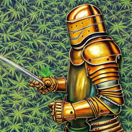 Image similar to a high detailed oil painting of a full armored knight sitting in a cannabis field. trending on artstation. fractal patterns. colorful