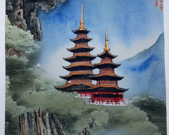 Prompt: twin buddhist pagodas in landscape, traditional chinese watercolor,