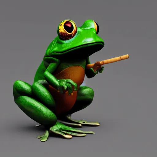 Image similar to a high quality photo of an antropomorphic frog wearing a suit smoking a cigar, 3d scene, render, ultra realistic, artstation, cgsociety