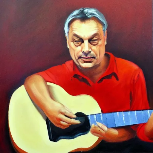 Prompt: viktor orban playing the guitar, oil painting