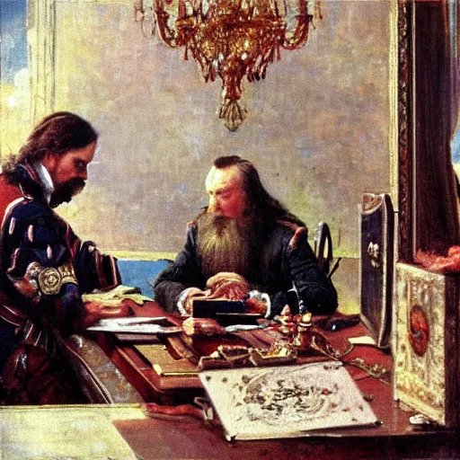 Prompt: russian tsar Peter The Great 18th century installs operating system ubuntu on desktop computer laptop by vasnetsov and surikov serov, JEAN-VICTOR BERTIN, by Terence Cuneo, detailed, artfully traced, 4k resolution, cinematic, dramatic