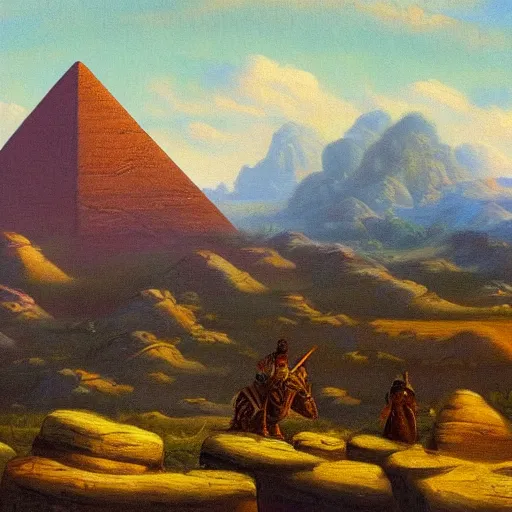 Image similar to fantasy landscape pyramids in distance rocky desert terrain oil painting widescreen