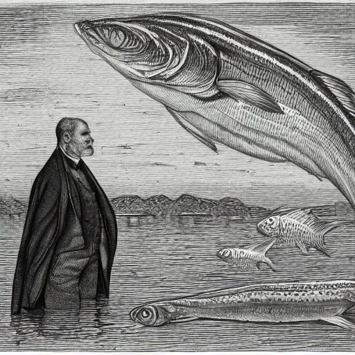 Image similar to The Innmouth look, deformed human fish in a tuxedo, portait shot, scenic image, drawing, illustration by Gustav Doré