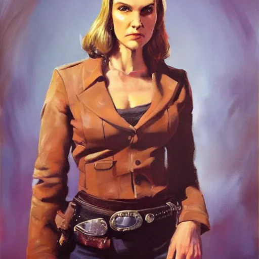 Image similar to ultra realistic portrait painting of kim wexler as a western outlaw, art by frank frazetta, 4 k, ultra realistic, highly detailed, epic lighting