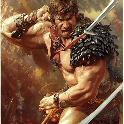 Image similar to muscular male barbarian fighting the world, intricate details, large sword, smoke and fire, by Stanley Artgerm Lau, by greg rutkowski, by thomas kindkade, by alphonse mucha, loish, by norman rockwell J.