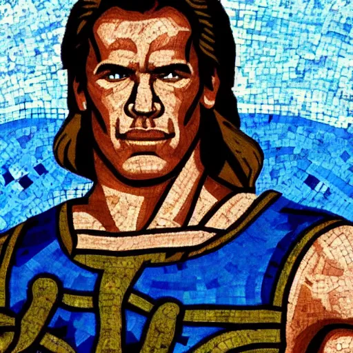 Image similar to ancient greek mosaic of arnold schwarzenegger in zelda movie