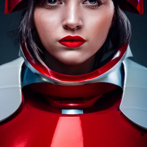 Image similar to headshot of an beautiful female soldier in glossy sleek white armor with tiny red details and a long red cape, downward angle, determined expression, on the surface of mars, night time, dramatic lighting, cinematic, sci-fi, hyperrealistic