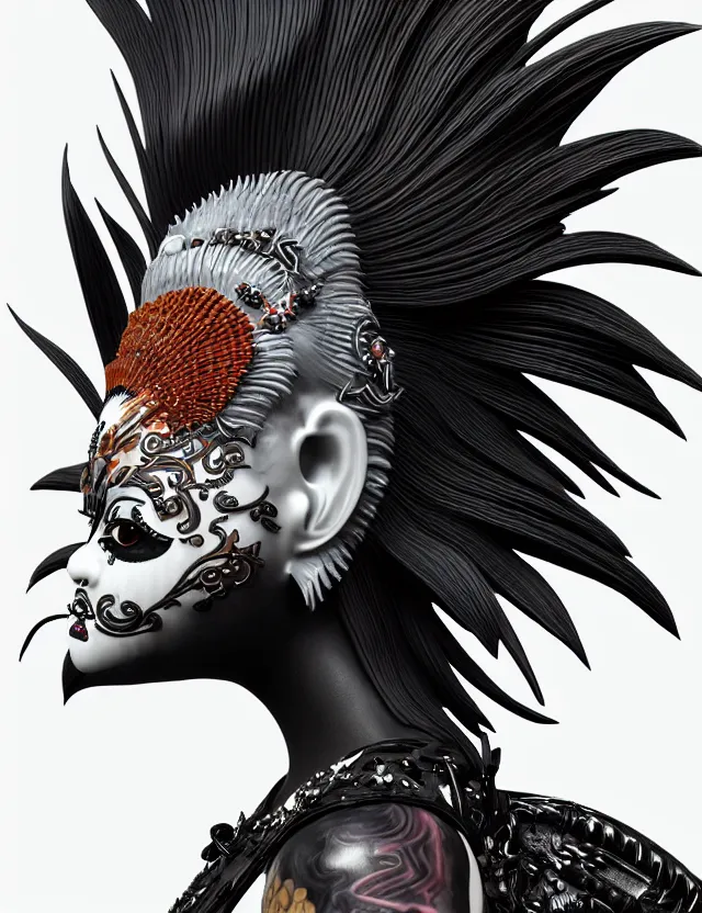 Image similar to 3 d photo realistic goddess close - up profile portrait punk with mohawk with ram skull. beautiful intricately detailed japanese crow kitsune mask and clasical japanese kimono. betta fish, jellyfish phoenix, bio luminescent, plasma, ice, water, wind, creature, artwork by tooth wu and wlop and beeple and greg rutkowski