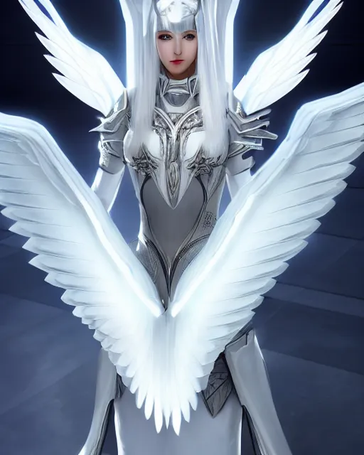 Image similar to perfect white haired attractive egyptian goddess with huge white dove wings, warframe armor, beautiful, symmetric, dreamy, half asian, pretty face, blue eyes, detailed, scifi platform, laboratory, experiment, 4 k, ultra realistic, epic lighting, android body, illuminated, cinematic, masterpiece, art by akihito tsukushi, voidstar