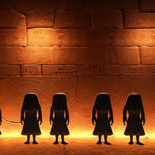 Prompt: realistic render of a group of aliens in front of hieroglyphs on a wall, cinematic lighting