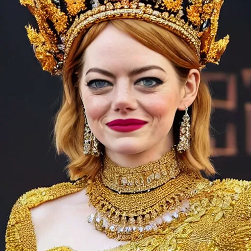 Image similar to A full body shot of Emma Stone wearing a golden Arabian crown , royality, high quality, fully detailed, 4k, in focus, detailed eyes