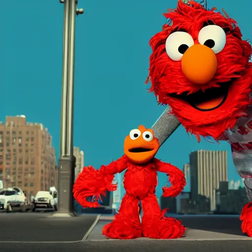 Image similar to Cinema4d 3d octane render of giant Elmo from sesame street being depicted as a 90’s rapper in New York City, highly detailed, 4K, moody lighting