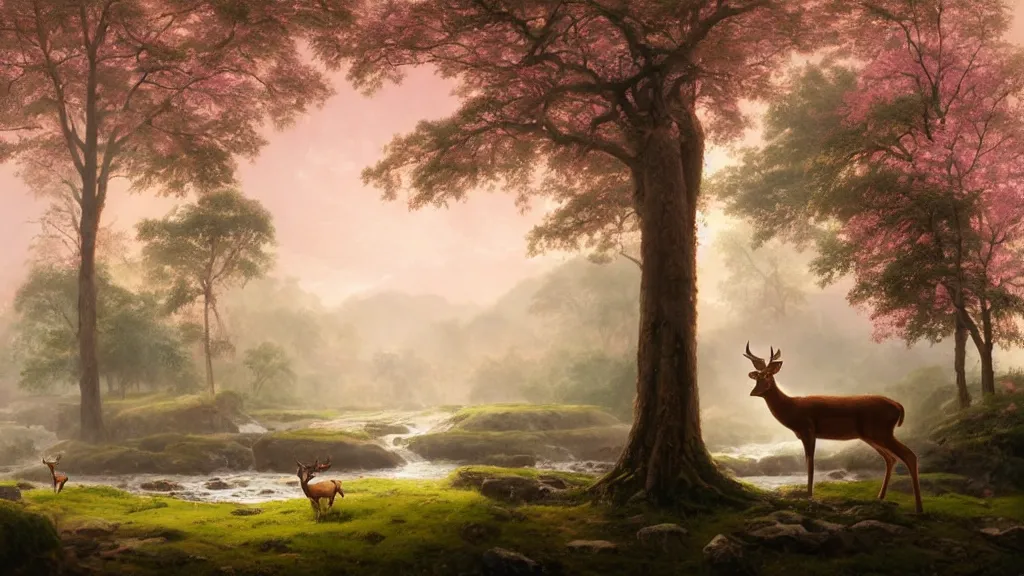 Image similar to the most beautiful panoramic landscape, oil painting, where a giant dreamy waterfall creates a river, the trees around are starting to bloom in pink colors, a majestic deer is in close - up and it is under a giant tree while it is exhaling steam, the ray lights of the sunrise are brightening him, by greg rutkowski