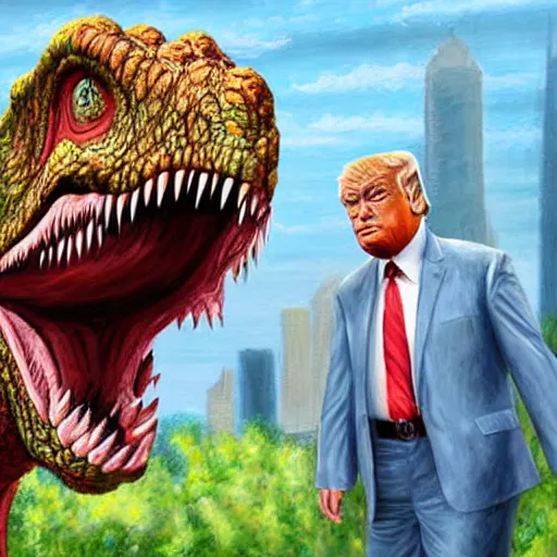 Prompt: a highly detailed painting of the fearsome human dinosaur hybrid the DonaldTrump-asaurus Rex