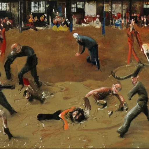 Prompt: 3 drunks fall over mud - wrestling,, where's wally, oil painted ( ( by francis bacon ) )