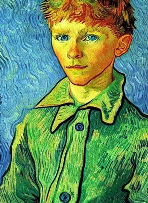 Image similar to lifelike oil painting portrait of peter pan by van gogh