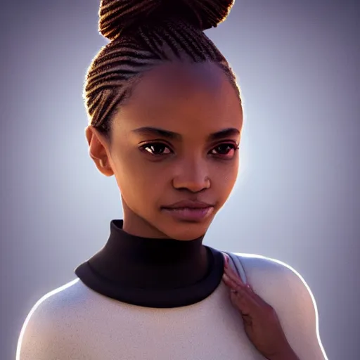 Image similar to a photorealistic hyperrealistic, bright brown eyes, light skinned african young girl, ponytail hair, flawless face, beautiful lips, cute face, black turtle neck shirt, by wlop, artgerm, greg rutwoski, alphonse mucha, beautiful dynamic dramatic low - light moody lighting, cinematic atmosphere, artstation, concept design art, octane render, 8 k