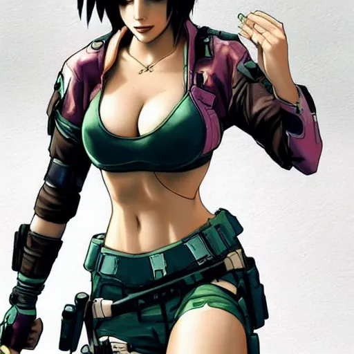 Image similar to concept art illustration of young japanese christina hendricks natalie portman as lara croft motoko kusanagi anime protagonist, wearing tokyo harajuke street fashion combat warrior fantasy bikini, intricate, elegant, art by artgerm and rosstran, masamune shirow