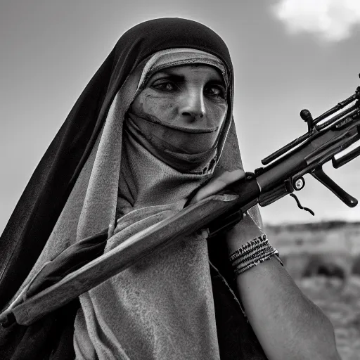 Image similar to 8 k uhd black and white portrait from burqa woman carrying a riffle's, 8 k uhd character details, national geography winning photo contest