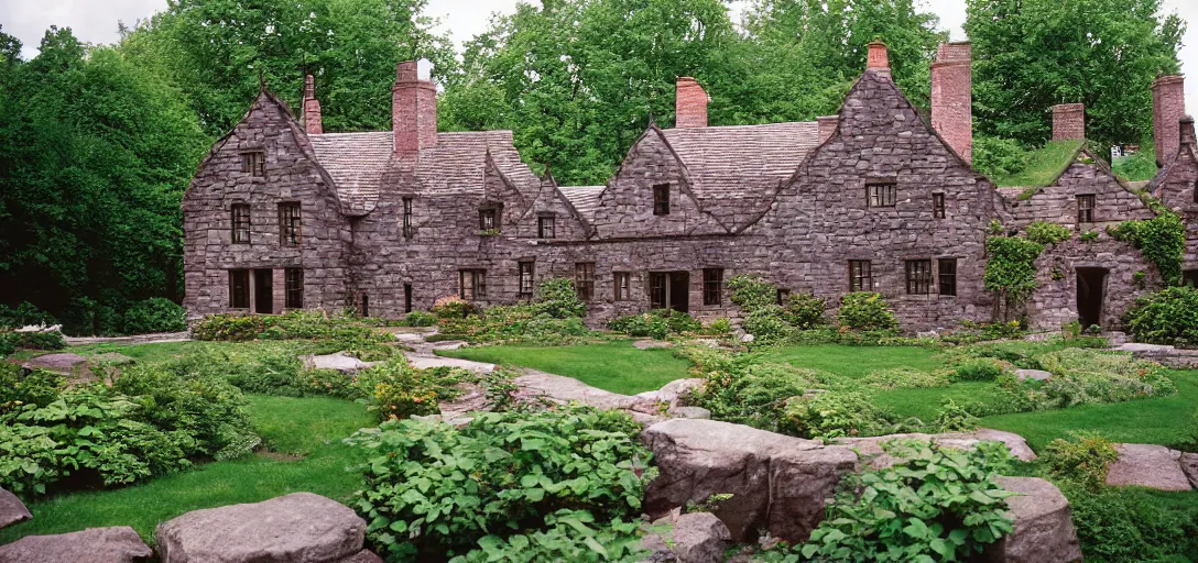 Image similar to scottish blackhouse mansion designed by daniel burnham. outdoor landscaping designed by fredrick law olmsted. fujinon premista 1 9 - 4 5 mm t 2. 9. portra 8 0 0.