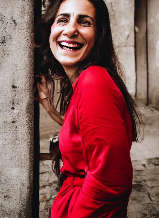 Prompt: color portrait of a beautiful 35-year-old smiling Italian woman, wearing a red outfit, candid street portrait in the style of annie leibovitz close up, detailed, award winning, Sony a7R