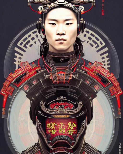 Image similar to portrait of a masculine male cyberpunk machine, machine face, upper half portrait, decorated with chinese opera motifs, asian, fine china, wuxia, traditional chinese art, intricate, elegant, highly detailed, symmetry, headpiece, digital painting, artstation concept art smooth sharp focus, illustration, art by artgerm and greg rutkowski alphonse mucha 8 k