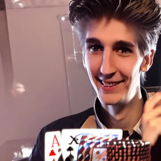 Image similar to handsome xqc gambling : : realistic : : 1 dslr : : 1 - - quality 2