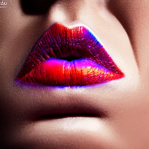 Prompt: fine art photography of a woman's lips wearing iridescent lipstick, studio high key lighting, supermodel facial structure