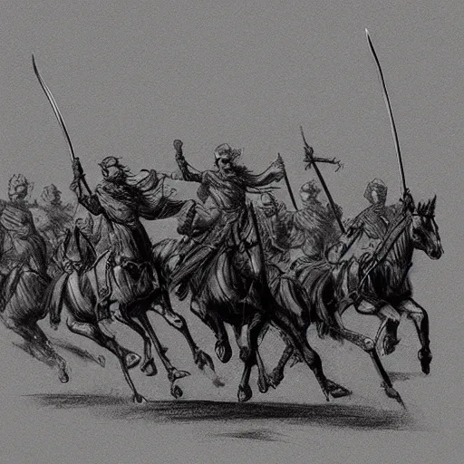 Prompt: “Cavalry Charge, Swords, Horses, sketch, 8k, Ultra High Quality”