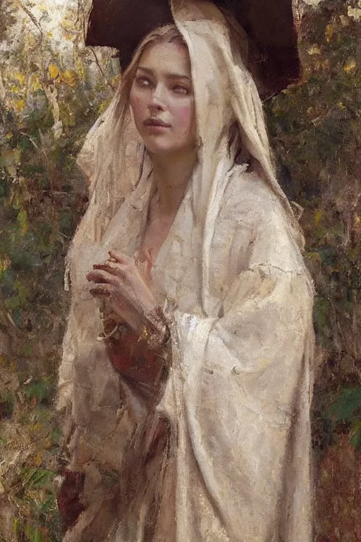 Prompt: Richard Schmid and Jeremy Lipking full length portrait painting of a young beautiful woman bible priestess in elaborate costume