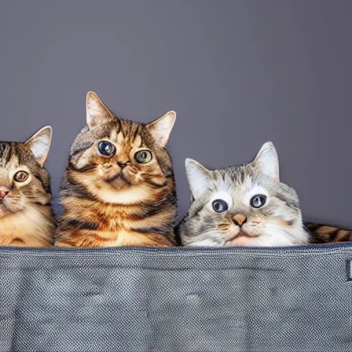 Prompt: a highly detailed photo of multiple furry cats, they are inside a big bag, gray background, studio lighting, 4 k, 8 k