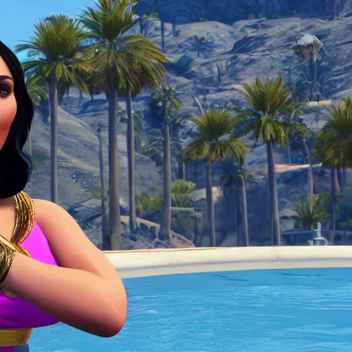 Image similar to kim kardashian as princess jasmine in GTA 5 full Hd octane render 8k