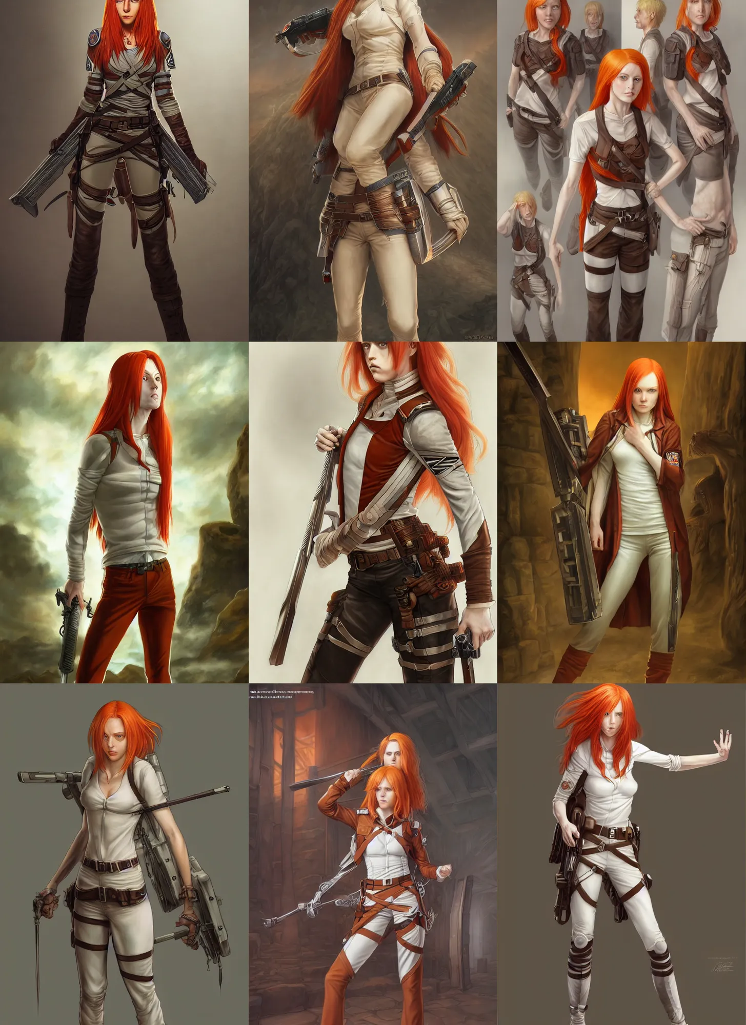 Prompt: a portrait of a white woman in her twenties, she has long redorange hair, wearing attack on titan uniform pants, white long tanktop, style by donato giancola, wayne reynolds, jeff easley dramatic light, high detail, cinematic lighting, artstation, dungeons and dragons