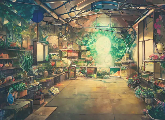Image similar to pleasing two - point - perspective anime background clean neat clarity professional visual development set design, tiny cozy store with hanging bird cages and bright fish aquariums, sparse planted terrariums, dim painterly lighting volumetric aquatics, impasto, trending on pixiv