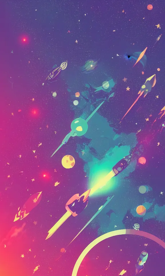 Image similar to a cosmic space scene with rockets and planets, cyberpunk color palette, minimalist abstract hd phone wallpaper, trending on behance