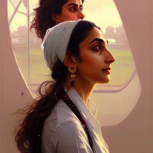 Image similar to Anxious good looking pale young Indian doctors wearing American clothes at the airport, portrait, elegant, intricate, digital painting, artstation, concept art, smooth, sharp focus, illustration, art by artgerm and greg rutkowski and alphonse mucha