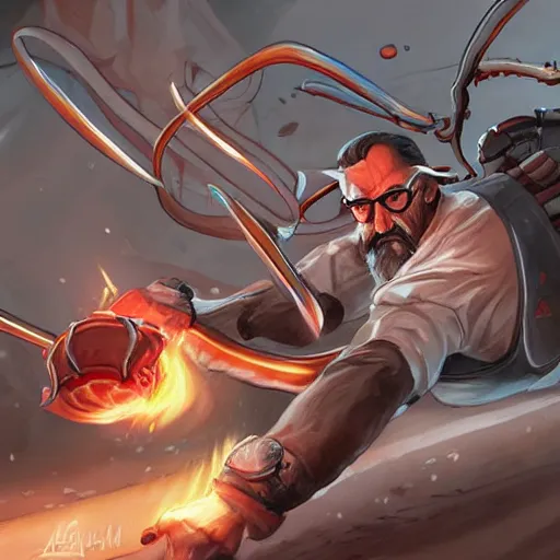 Prompt: concept art of Gordon Freeman killing a headcrab on arakis, artgerm, wylop