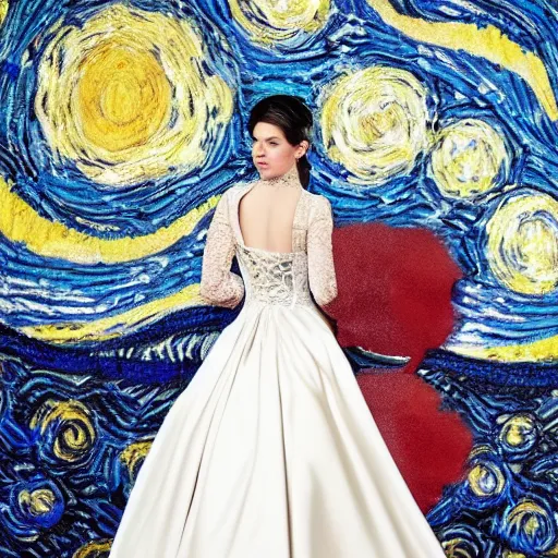 Prompt: A magnificent ball gown with a design inspired by Van Gogh's Starry Night. Studio Lighting