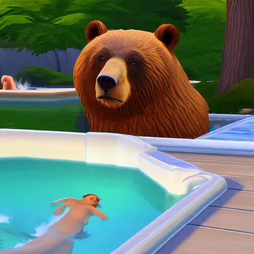 Image similar to a portrait frame of a bear in jacuzzi, the sims 4 oil panting