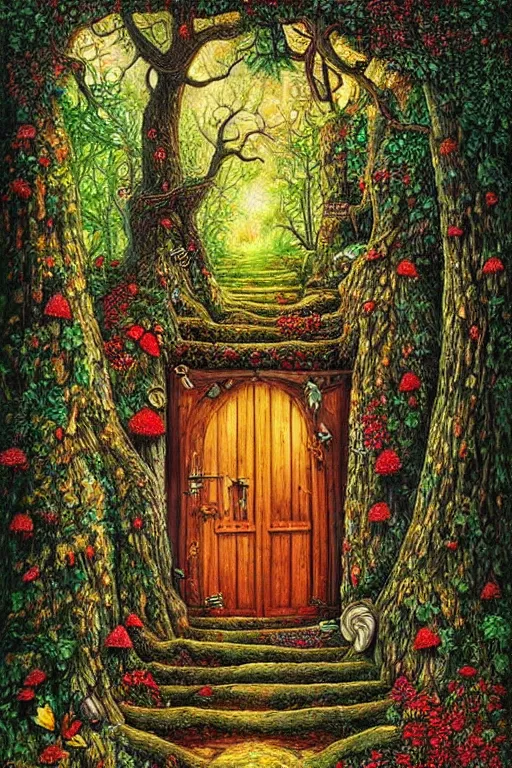 Image similar to digital painting detailed forest tree with door and stairs, magical forest flowers mushrooms painted by Michael Cheval
